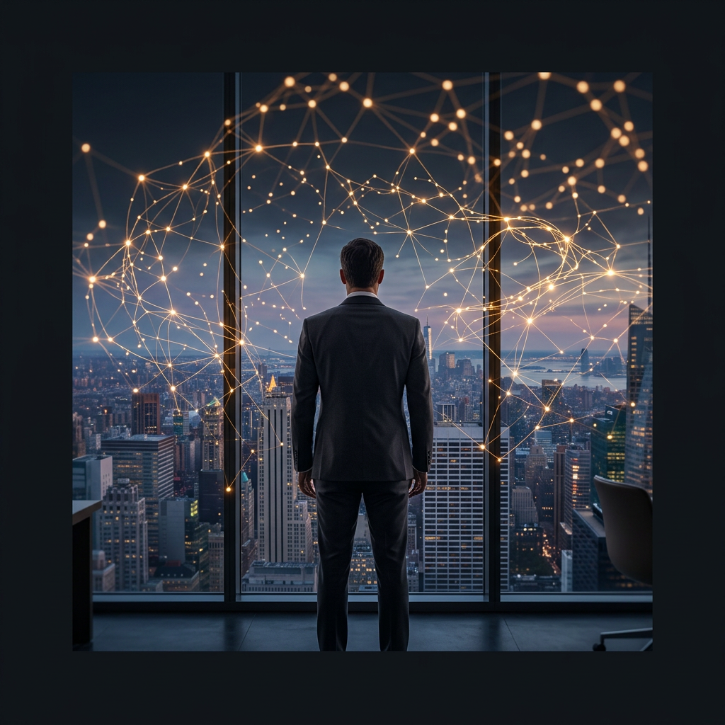 Leader contemplating an AI-connected city skyline at dusk